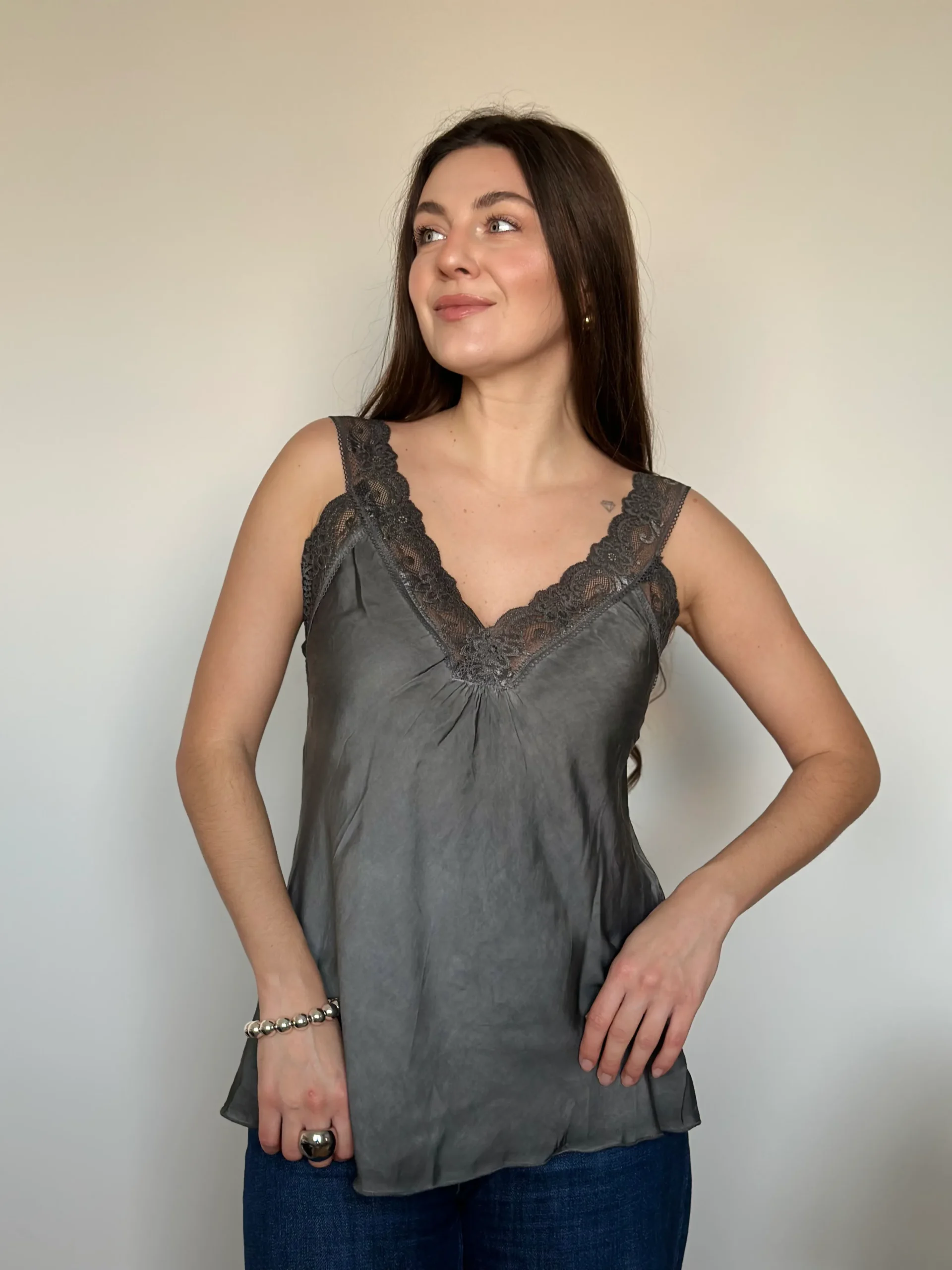 Satin Top With Lace | GRAY