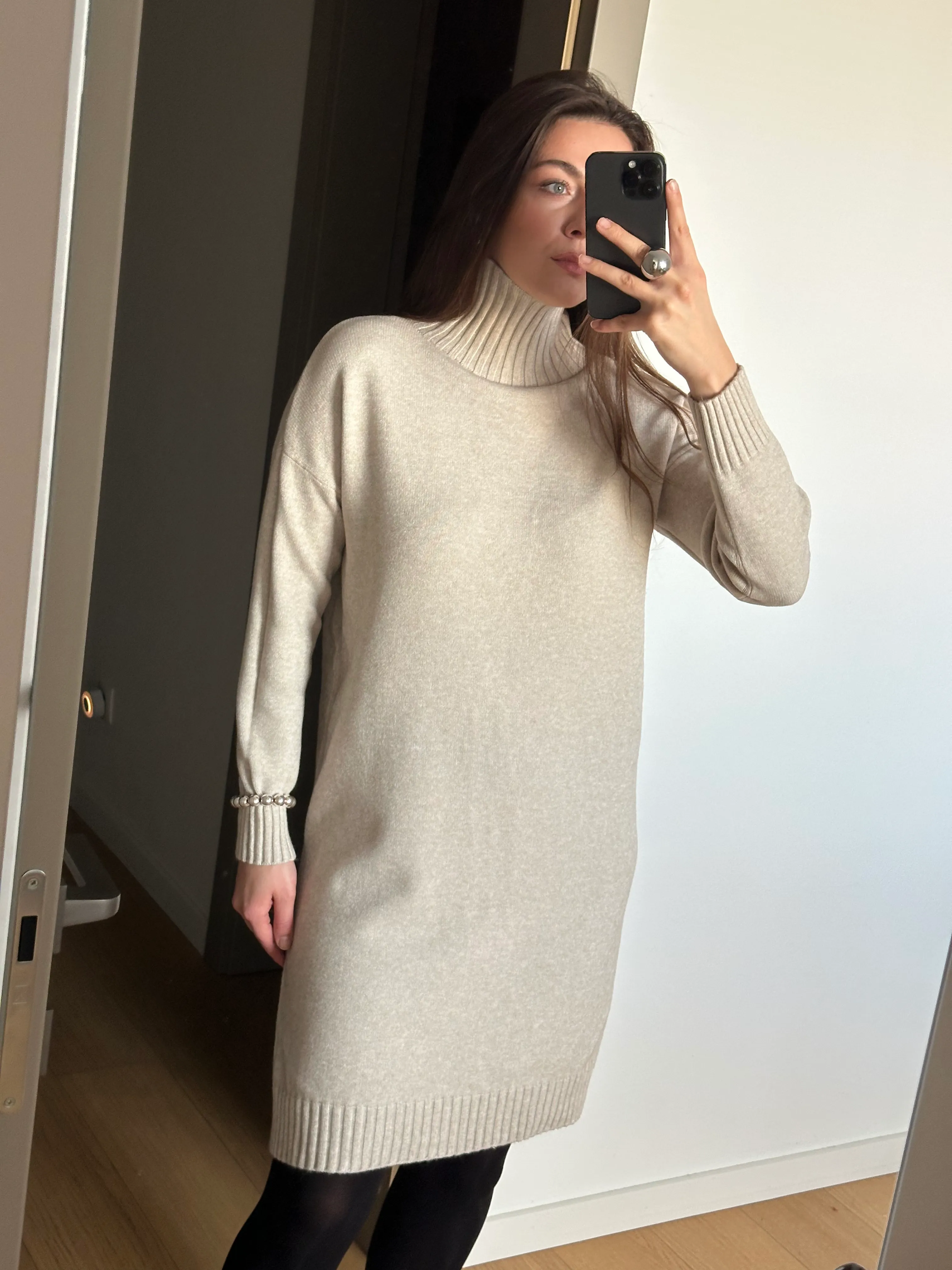 Knitted Turtleneck Dress BEIGE 1
