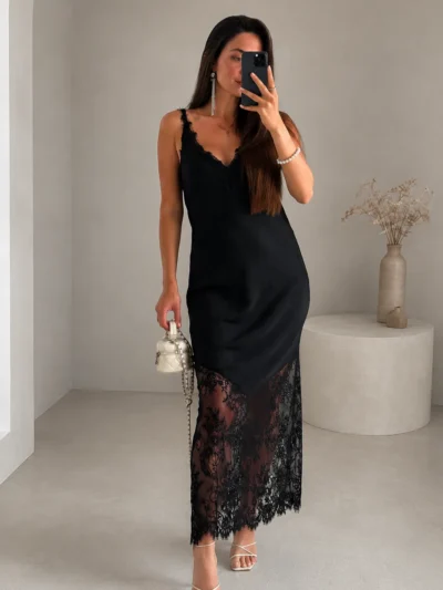 Long Lace Dress with Deep V-Neckline | BLACK Long Lace Dress with Deep V-Neckline | BLACK