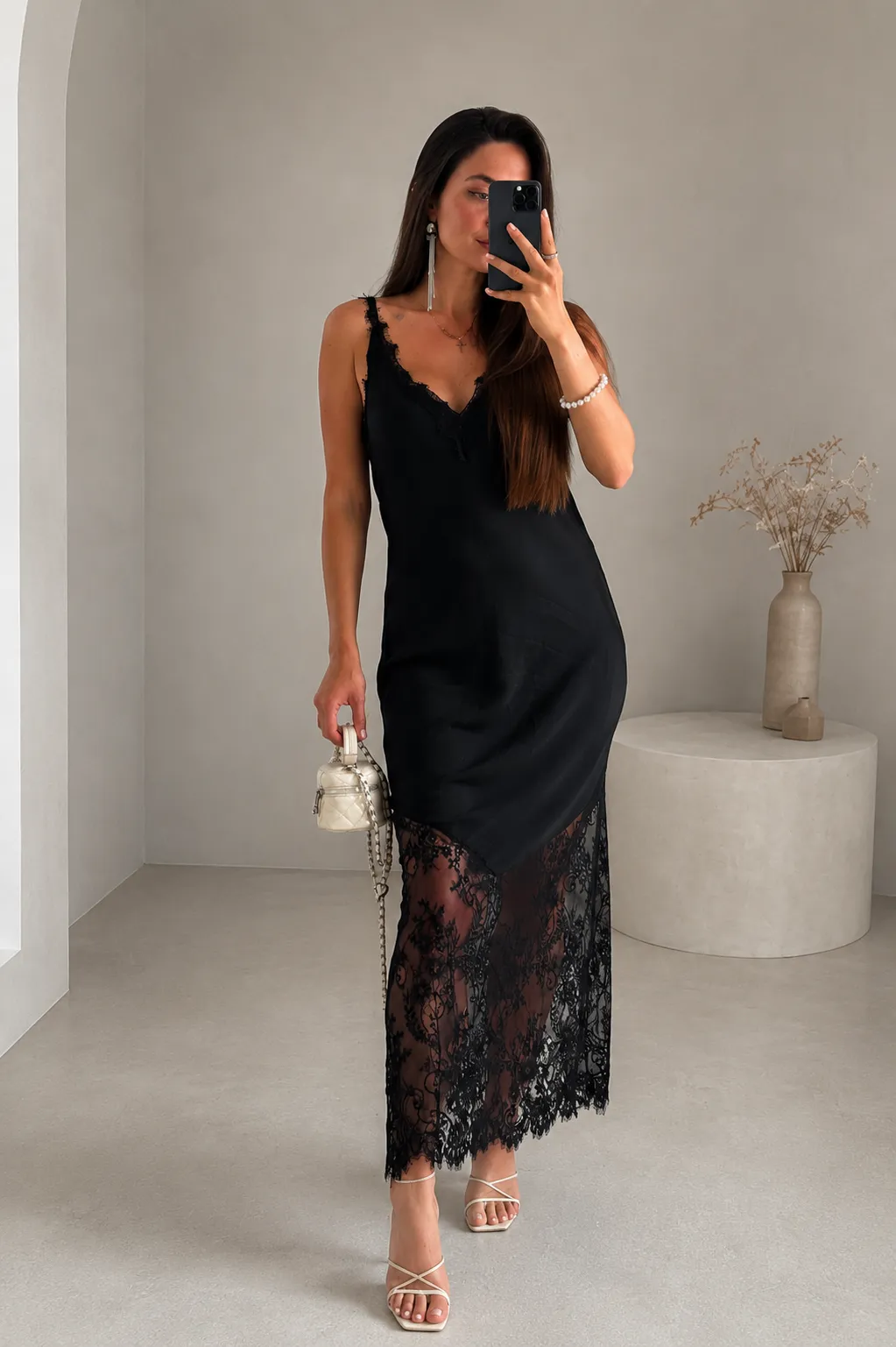 Long Lace Dress with Deep V-Neckline | BLACK Long Lace Dress with Deep V-Neckline | BLACK